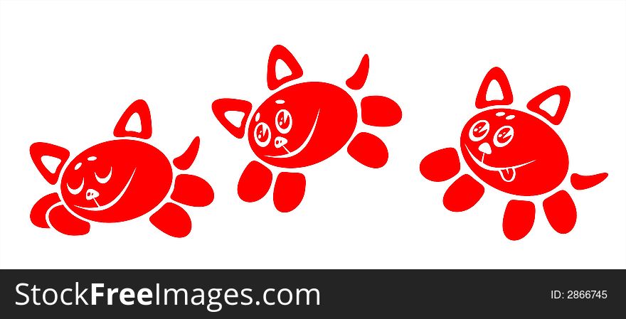 Three red stylized cats on a white background. Three red stylized cats on a white background.