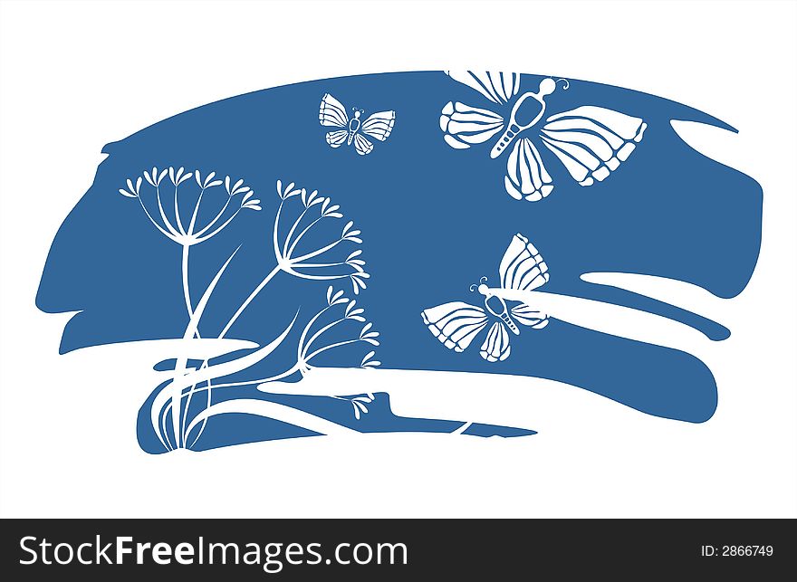 White silhouettes of flowers and butterflies on a background of a dark blue spot. White silhouettes of flowers and butterflies on a background of a dark blue spot.