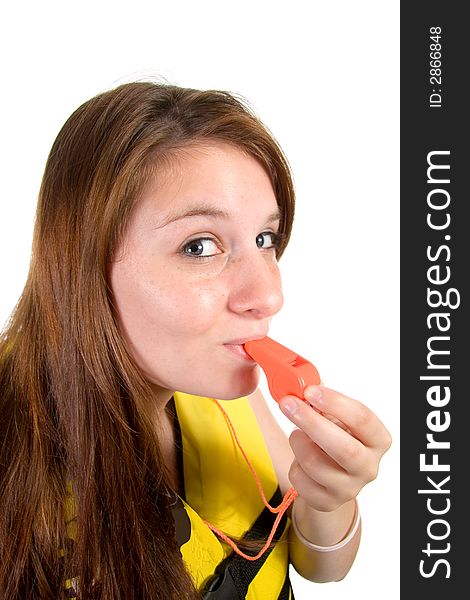 Teenager portrait with yellow llifejacket and orange safety whistle shot over white