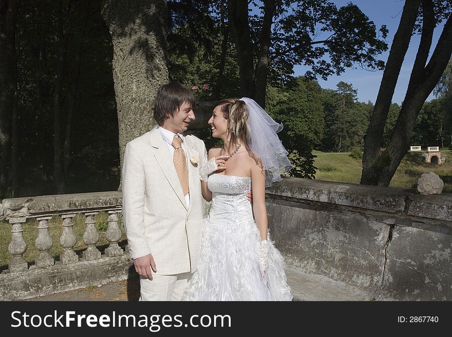 Bride and groom in the park