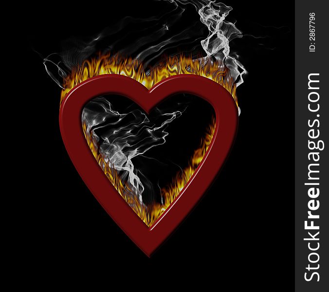 Burning heart sign of love with smoke
