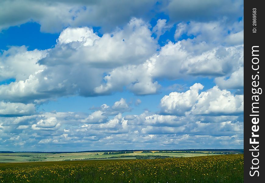 Summer landscape with green meadow and blue cloudy sky. Summer landscape with green meadow and blue cloudy sky