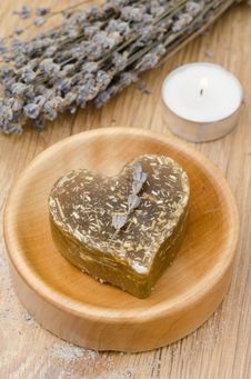 Bath Soap With Lavender In A Heart And A Candle On A Wooden Tabl Stock Image Bath Soap With Lavender In A Heart And A Candle On A Wooden Tabl Stock Image