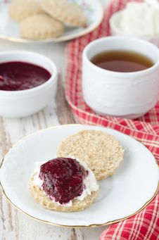 Scone With Goat Cheese And Jam For Breakfast Stock Photo Scone With Goat Cheese And Jam For Breakfast Stock Photo