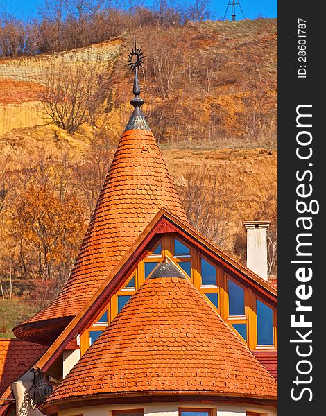 Traditional colored roof background texture with a window. Traditional colored roof background texture with a window