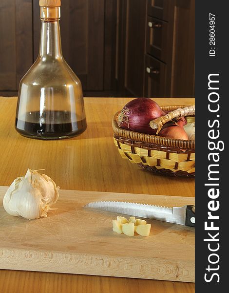 Onion and garlic in a kitchen
