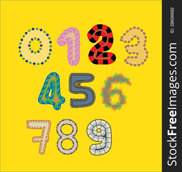 Funny vector numbers on yellow background