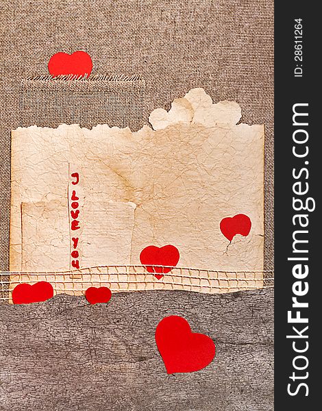 Art greeting card on vintage background with heart, old paper, fabric and words I Love You