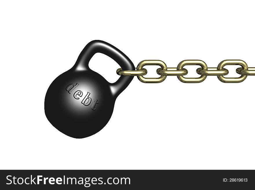 Black dumbbell weights with a gold chain isolated on white background