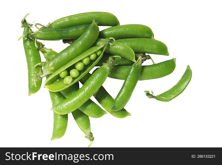 Isolate White Background Vegetables Green Peas In Pods Close-up Selective Focus