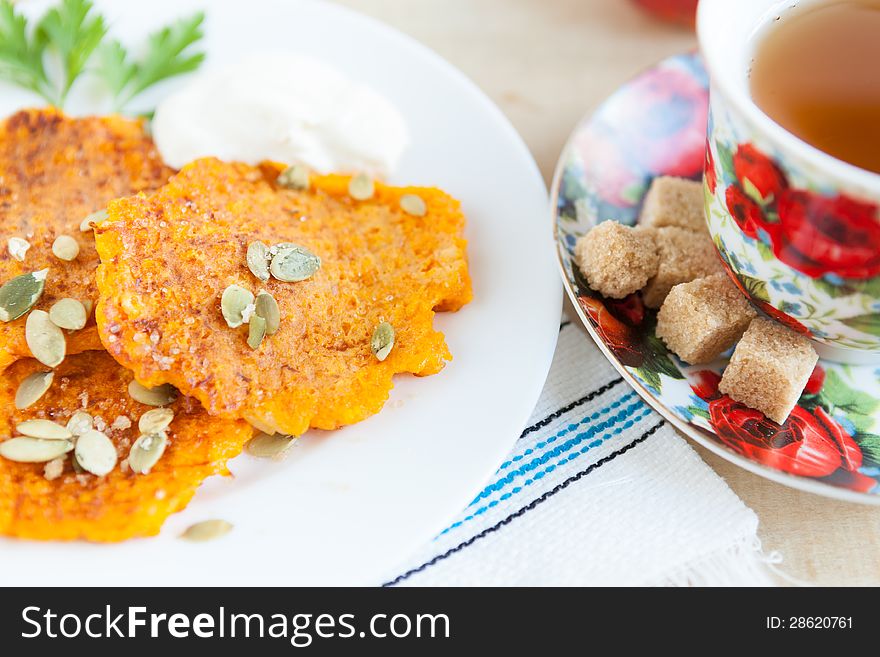 Sweet pumpkin pancakes and a cup of tea