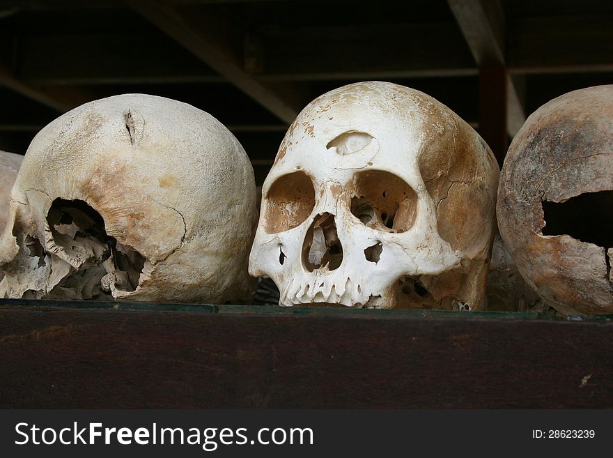 Skulls on display in one of the mass grave sites in the Killing Fields of Cambodia. Skulls on display in one of the mass grave sites in the Killing Fields of Cambodia