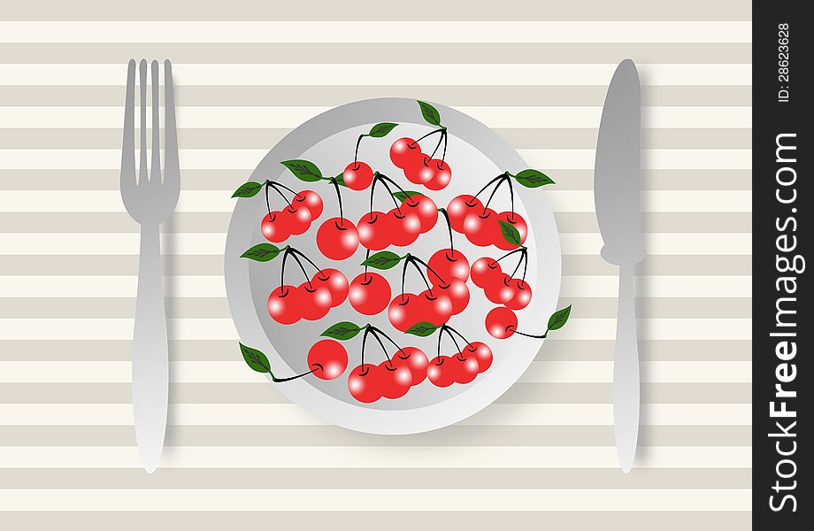 Table prepared with a dish of cherries
