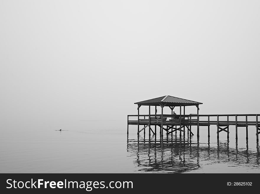 A man, fishing on a dock, early in the morning with heavy fog as a Porpoise breaks the surface of the Indian River Lagoon, in Melbourne, FL. A man, fishing on a dock, early in the morning with heavy fog as a Porpoise breaks the surface of the Indian River Lagoon, in Melbourne, FL.