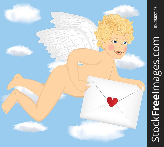 Cupid fly with love letter in the sky