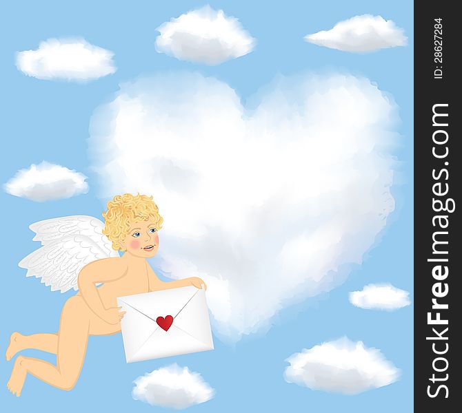 Cupid fly with love letter in the sky
