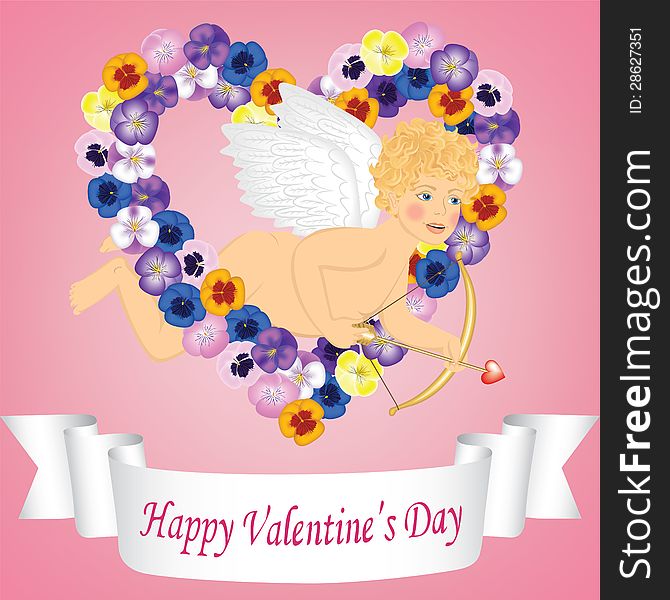 Vintage valentine card with angel, ribbon and flower heart