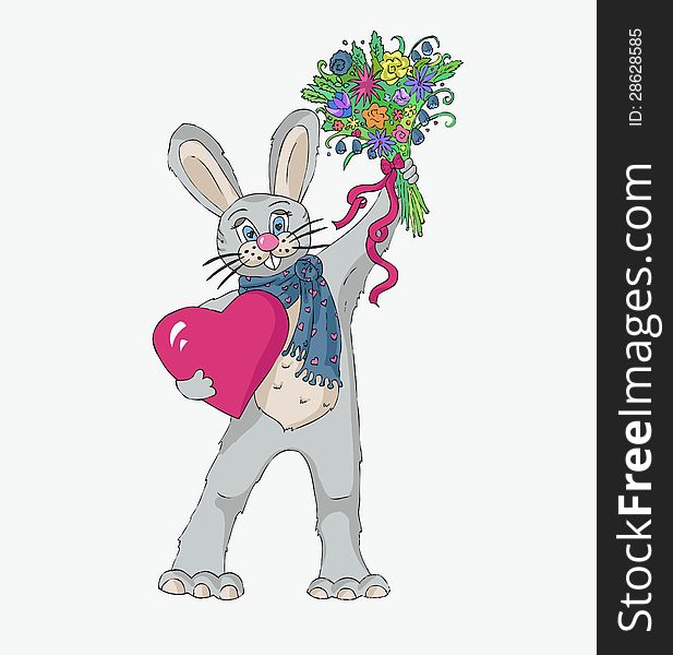 Vector image of cute rabbit with bunch of flowers. Vector image of cute rabbit with bunch of flowers