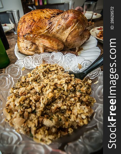 Thanksgiving turkey dinner set on table with stuffing