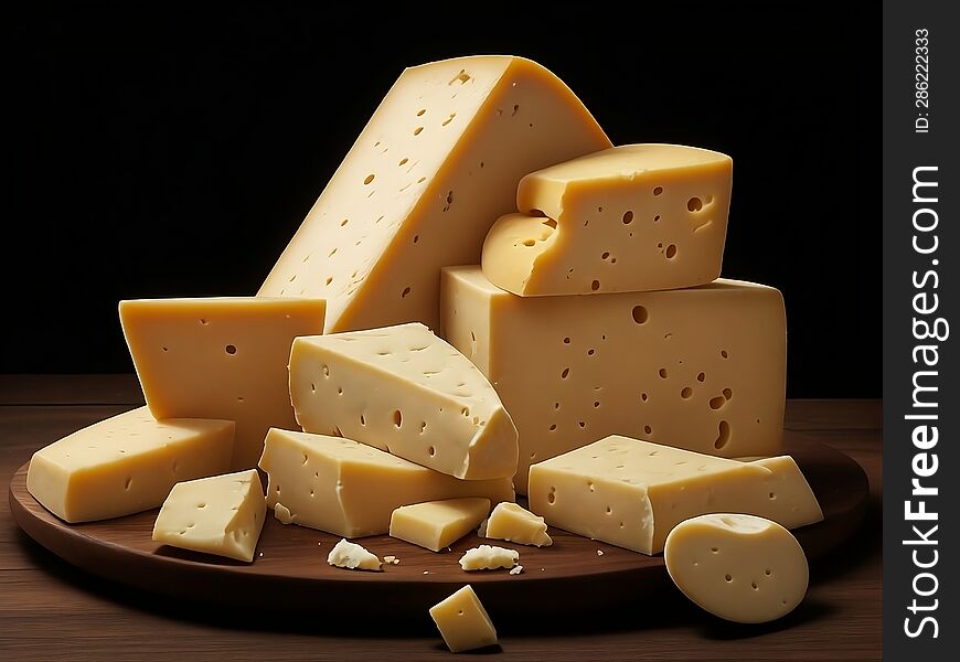 Cheese Plate. Wooden Board With Delicious Cheeses On Black Background AI Generated