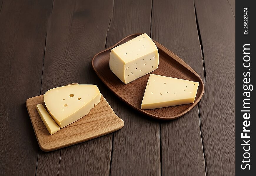Delicious pieces of cheese on wooden plates on brown wooden background, AI generated