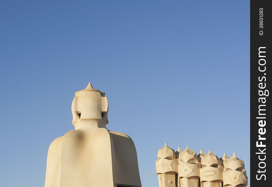 Casa Mila La Pedrera building roof and chimneys , Barcelona, Spain