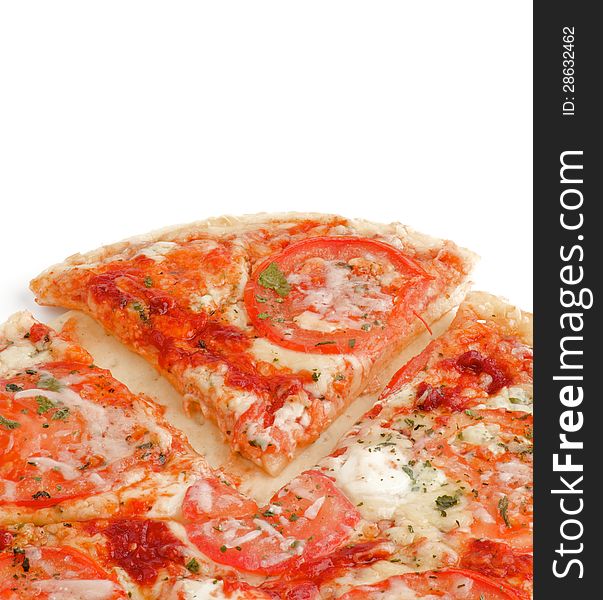 Piece of and Whole Cheese Pizza with Tomatoes and Greens closeup on white background