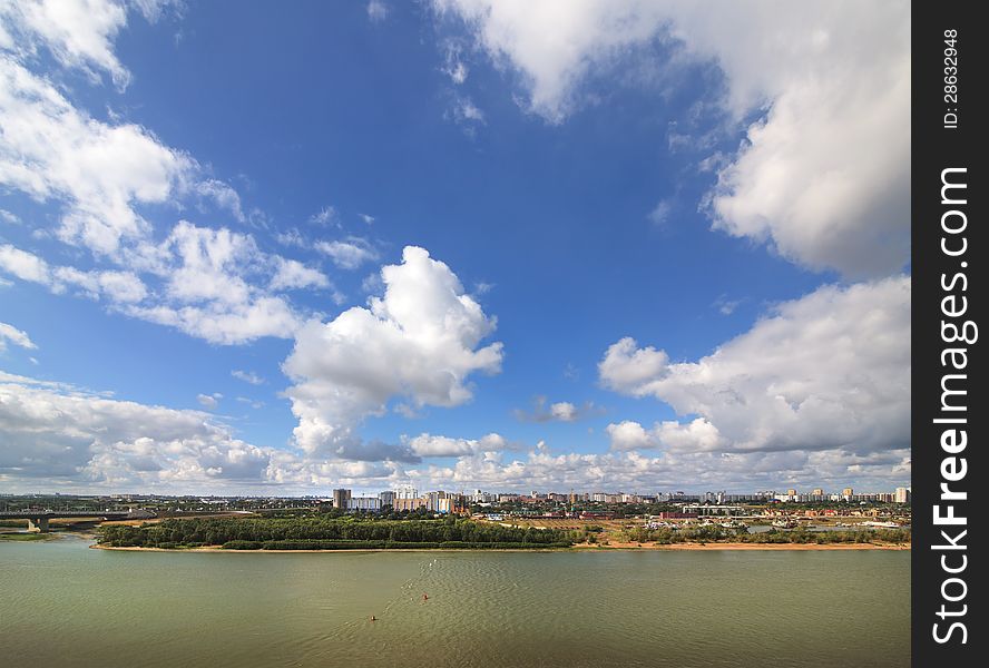 Summer urban landscape with clouds. Omsk. Russia.