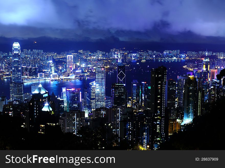 Night time shot of Hong Kong bay taken from Victoria peak. Night time shot of Hong Kong bay taken from Victoria peak