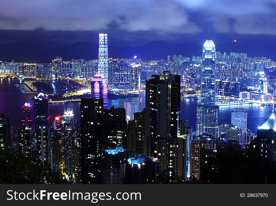 Night time shot of Hong Kong bay taken from Victoria peak. Night time shot of Hong Kong bay taken from Victoria peak