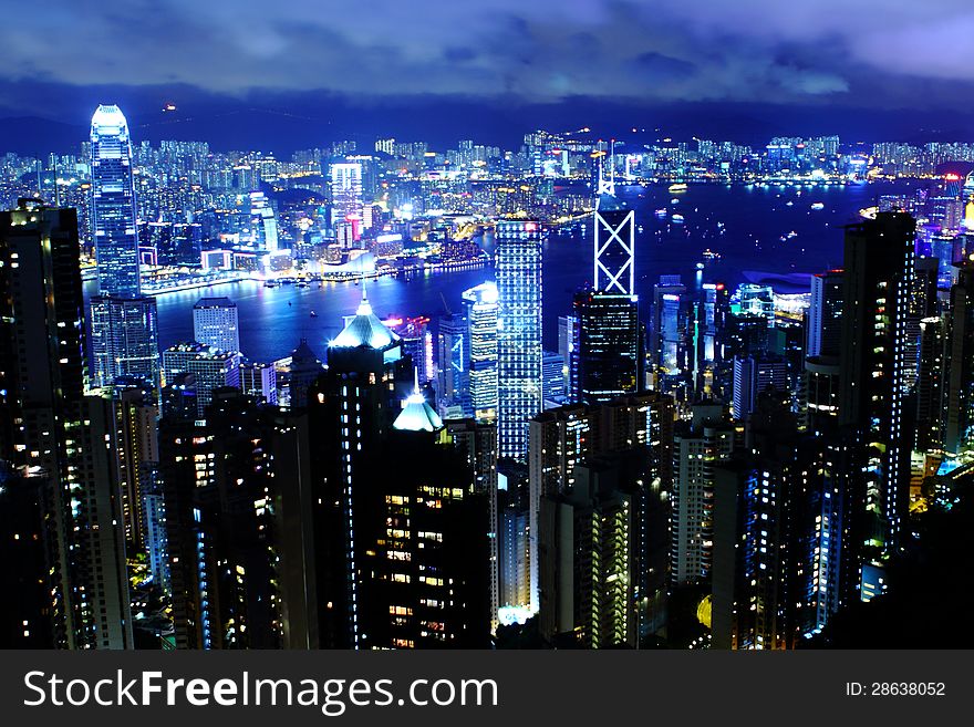 Night time shot of Hong Kong bay taken from Victoria peak. Night time shot of Hong Kong bay taken from Victoria peak