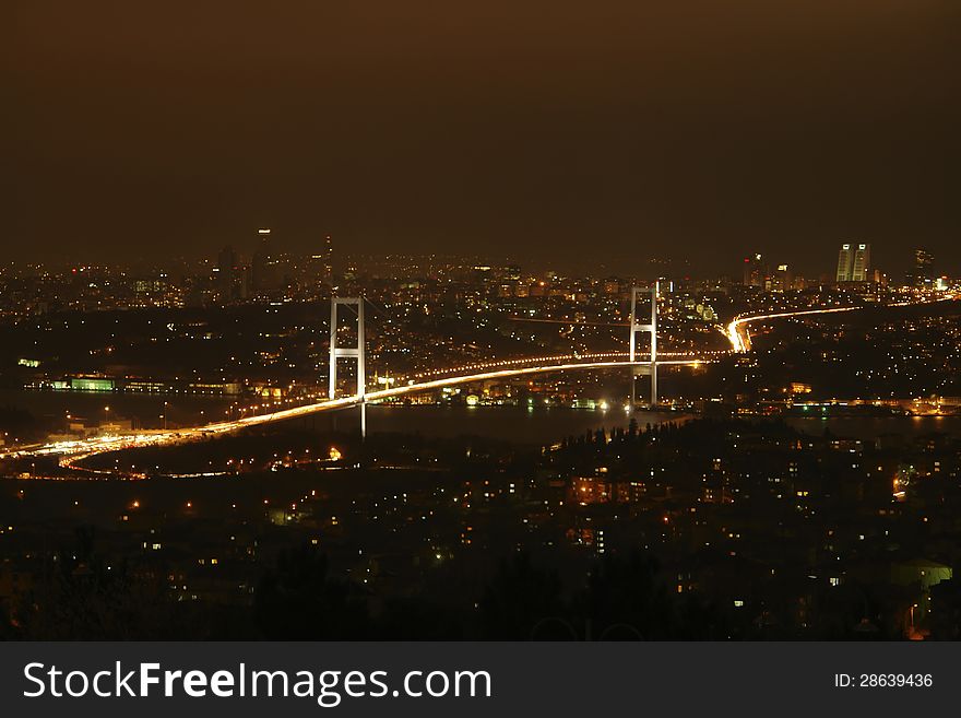 Bosphorus Bridge at night. View from hill