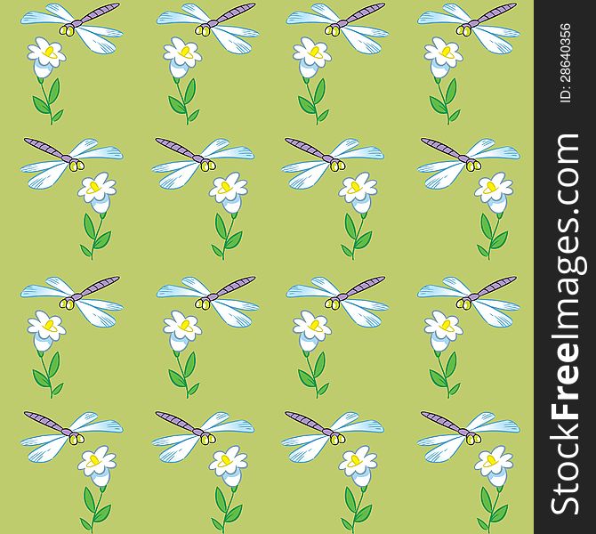 The illustration shows the pattern of white flowers and dragonflies on a green background. Illustration done on separate layers in a cartoon style. The illustration shows the pattern of white flowers and dragonflies on a green background. Illustration done on separate layers in a cartoon style.