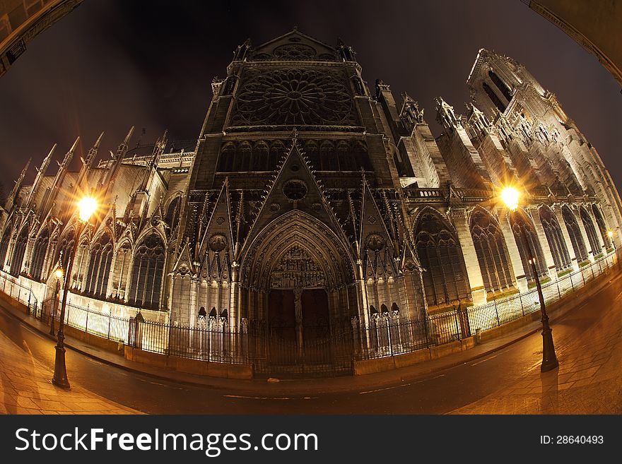 Notre Dame In Night With Fisheye On Paris