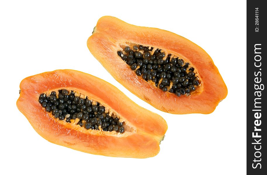 Fresh ripe halfs papaya isolated on white background. Fresh ripe halfs papaya isolated on white background