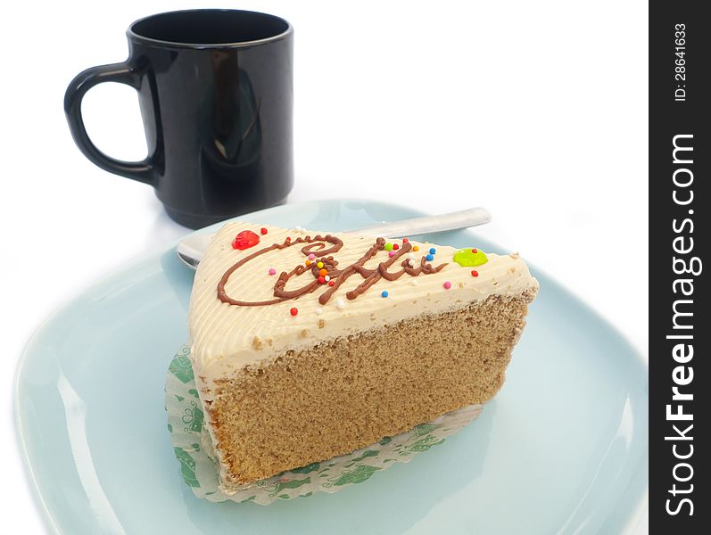 Coffee cake and cup on white background