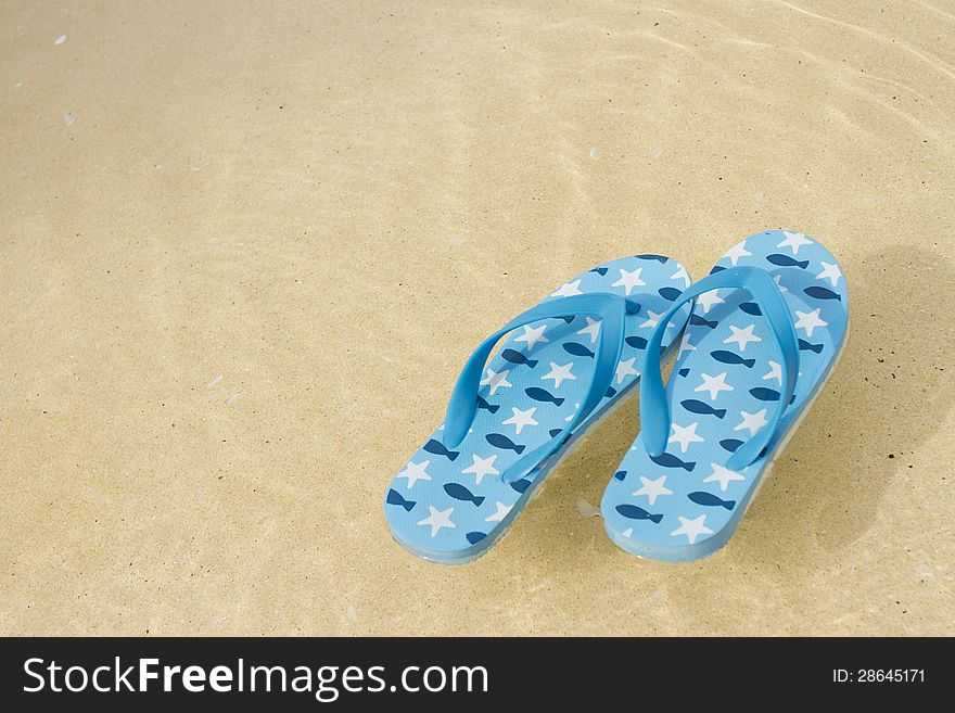 Blue fish paint flip-flop floating in the sea