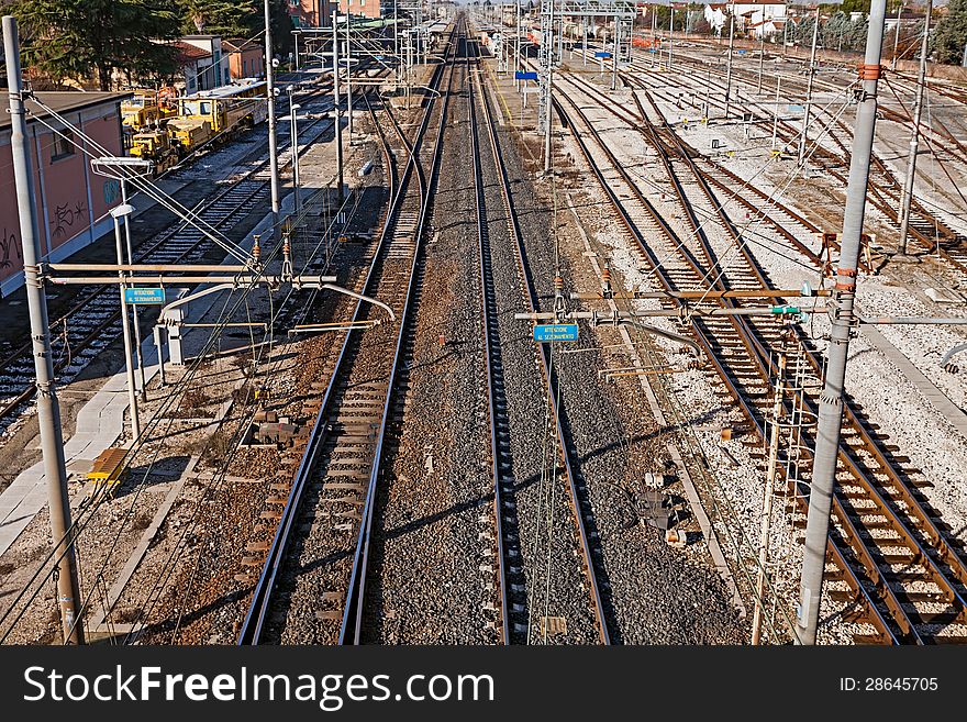 Railroad rail yard with points and electric line -  rails terminal of the italian railway