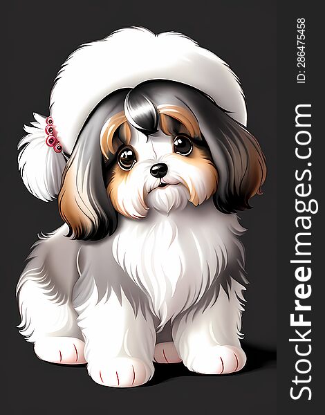 Adorable Baby Tibetan Terrier Watercolor Painting with Hat
