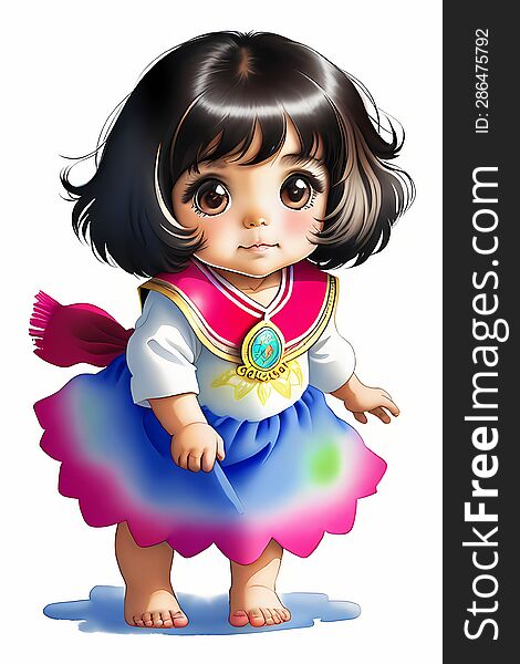 Adorable Baby Girl in Rainbow Dress Watercolor Painting