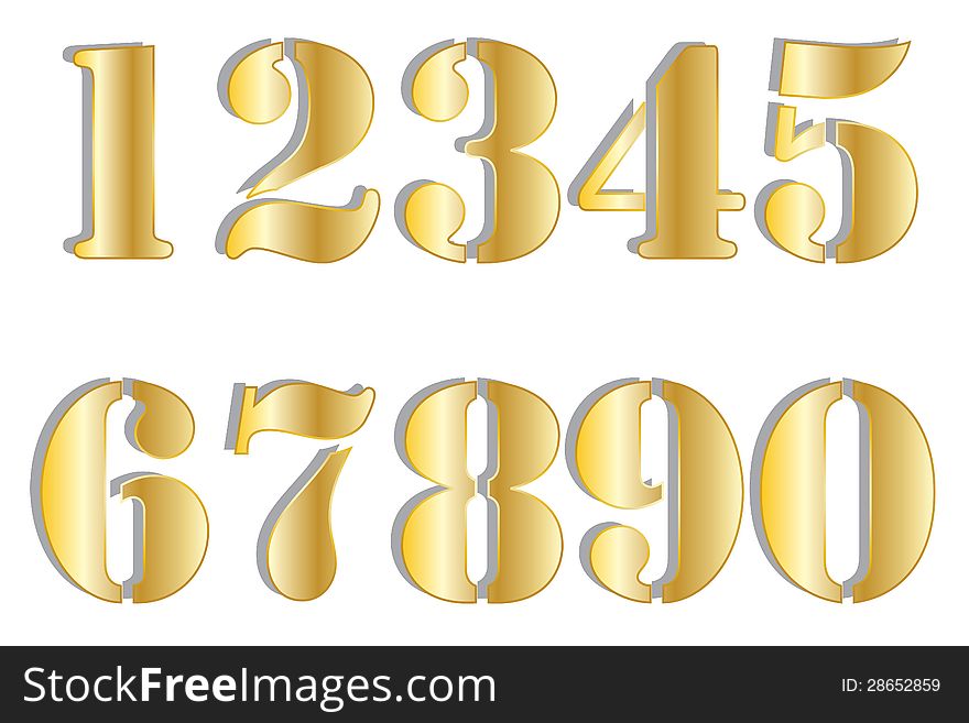 A set of golden numbers using a stencil font with shadows. A set of golden numbers using a stencil font with shadows