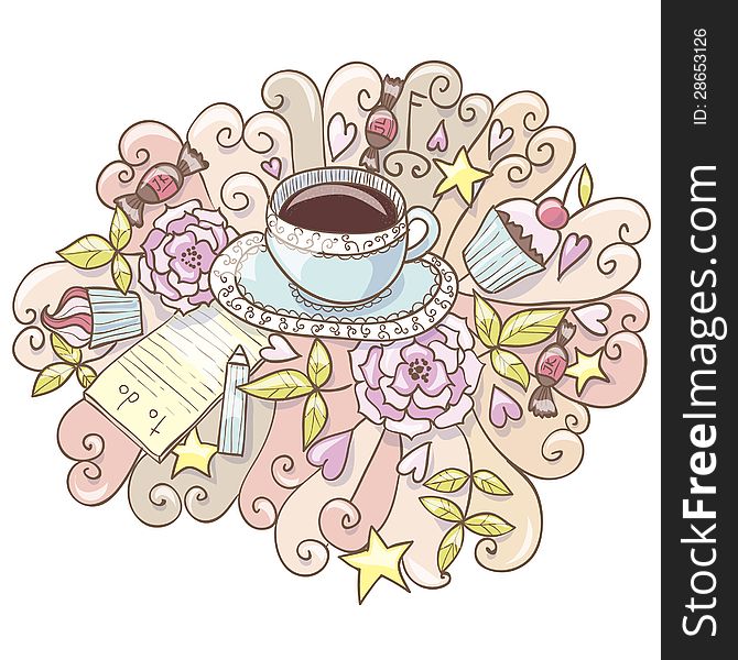 Vector bright pink illustration with coffee and flowers. Vector bright pink illustration with coffee and flowers