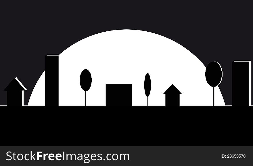 Silhouette of the city at night amid great white moon. Silhouette of the city at night amid great white moon