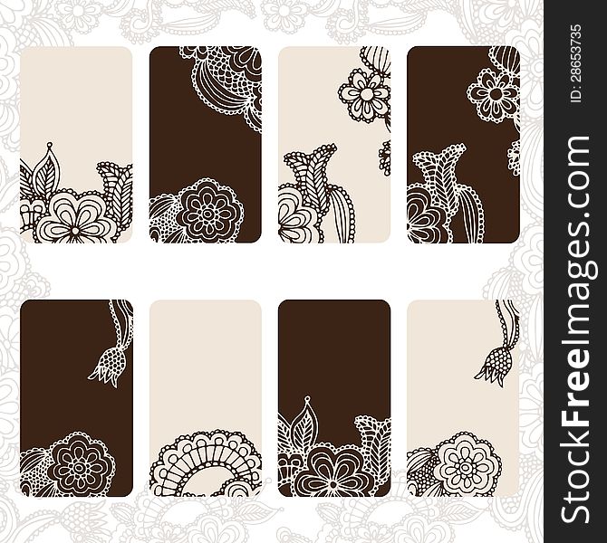 Ornamental floral card set- eight different cards on white background with floral design