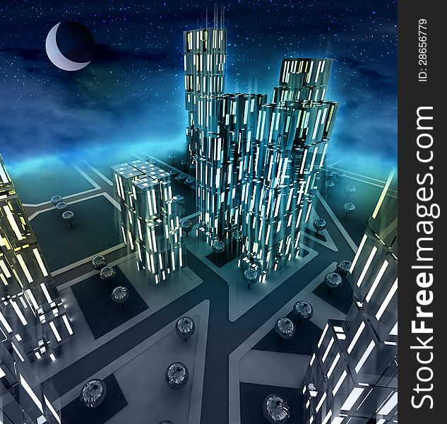 Midnight top view scene over modern business city illustration