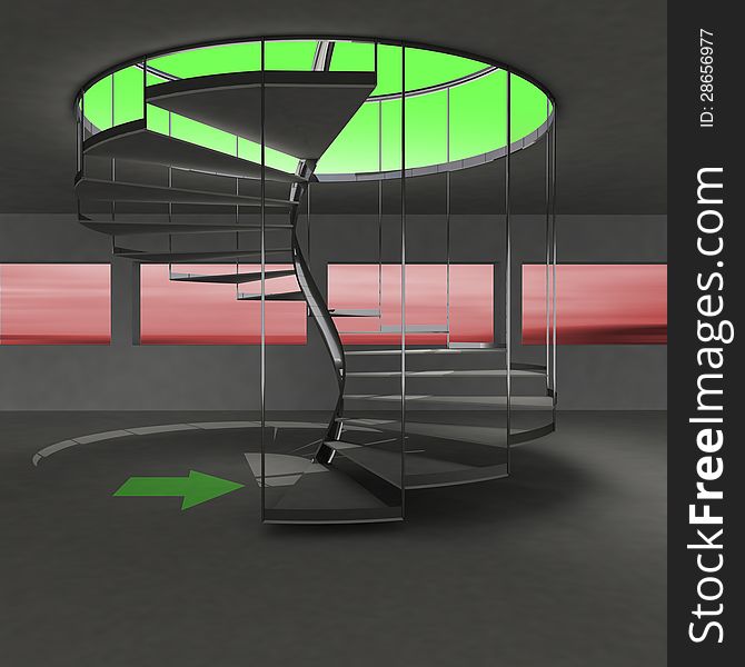 Spiral staircase with green arrow direction to ecology illustration