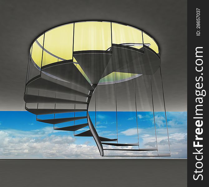 Spiral staircase with yellow flare and blue sky view illustration