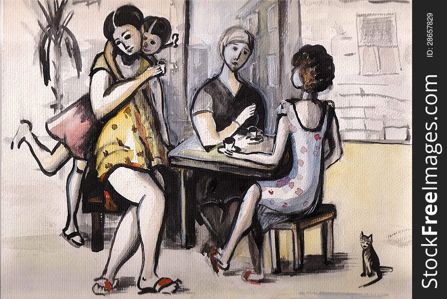 Three woman, the girl and cat are in a court yard. The south, heat, summer. Three woman, the girl and cat are in a court yard. The south, heat, summer.
