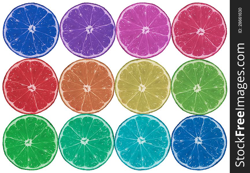 Composition of twelve sliced multicolor lemons. Composition of twelve sliced multicolor lemons