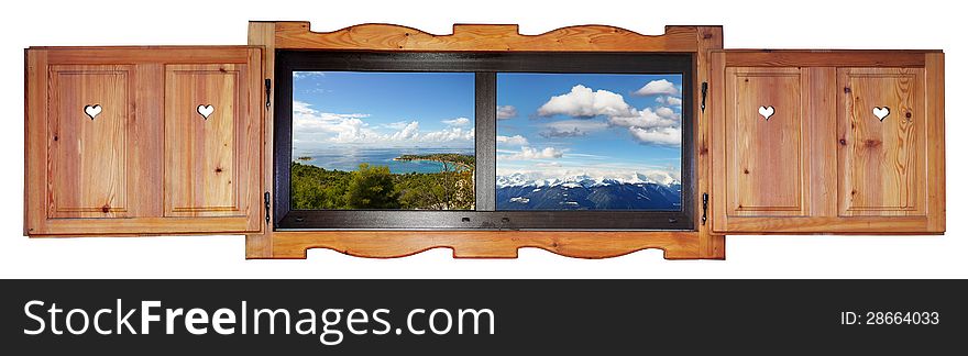 Opened wooden window with a view of the sea and the mountains, isolated on white background. Opened wooden window with a view of the sea and the mountains, isolated on white background